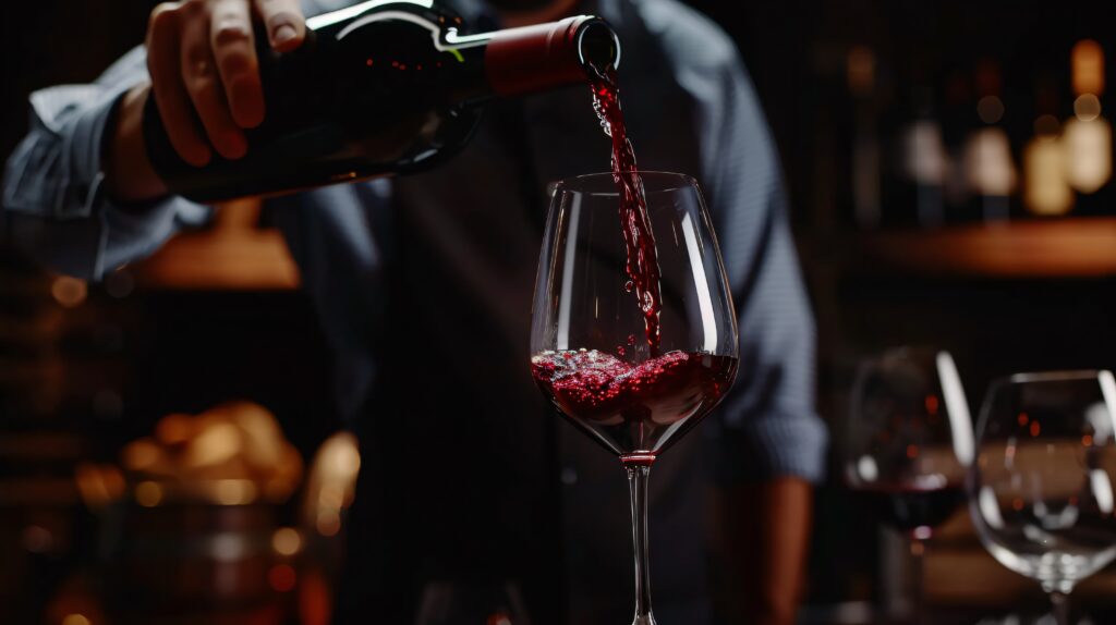 ein sommelier giesst wein ein glas und fangt die flussige bewegung und die reiche farbe des weines ein