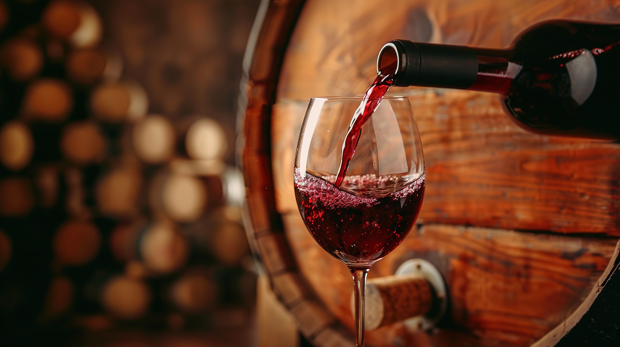 red wine pouring from bottle into glass with old wooden barrel as background at the winery